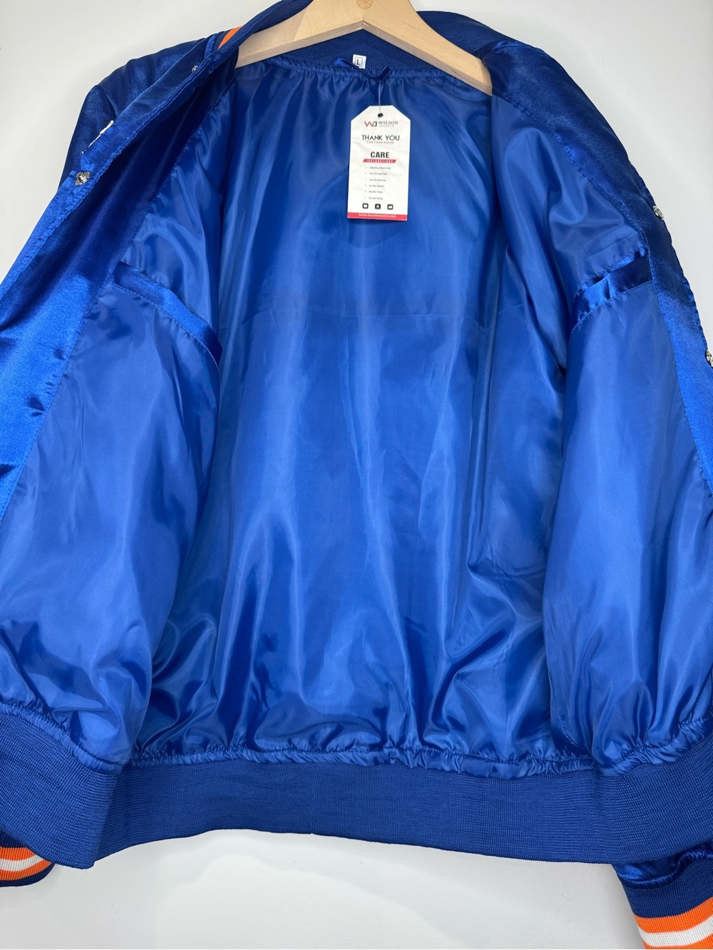 NWT Men’s Wilson NEW YORK NBA Starter Satin Varsity Bomber Jacket Blue Orange L - Picture 11 of 16